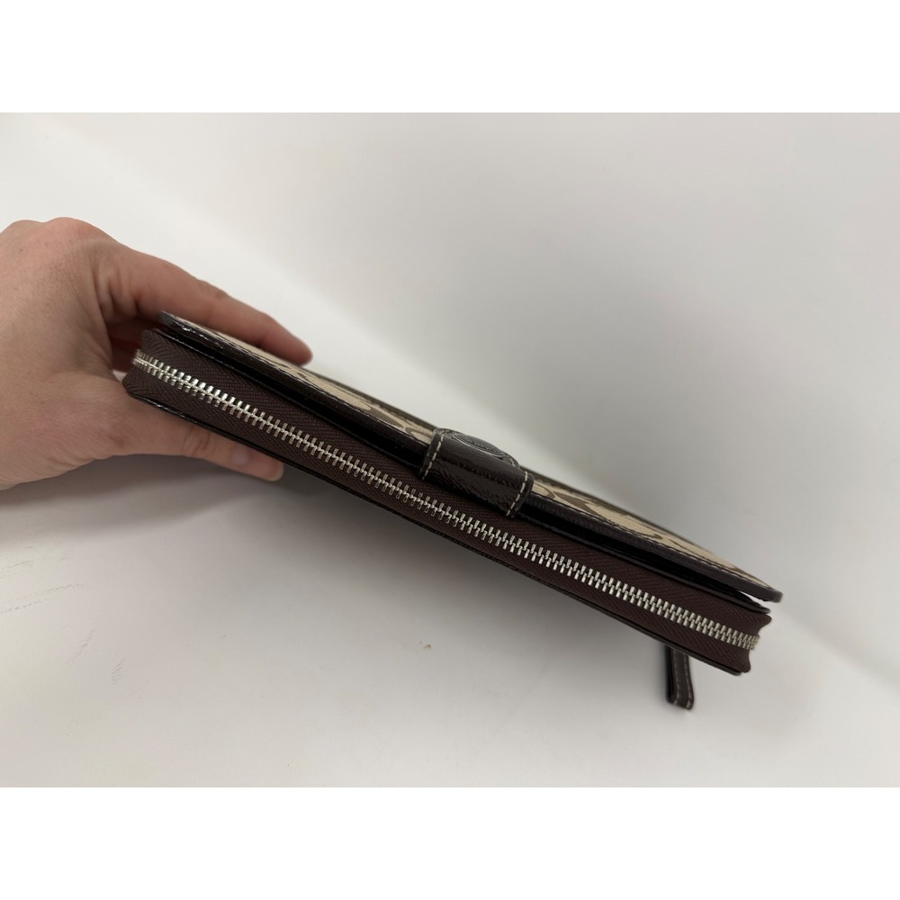 Coach Signature C Brown Tan Monogram Striped Accordion Zip Long Wallet - Picture 4 of 16